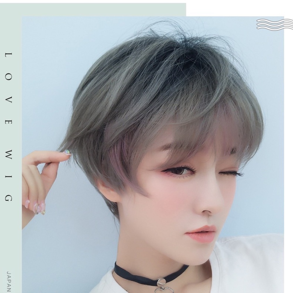 Short cut wig mix color linen with light iPhone 11 green